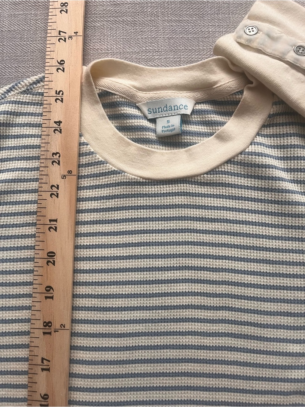 Sundance Striped Long-Sleeve Cotton Waffle Knit Top in Cream and Light Blue - Picture 11 of 13